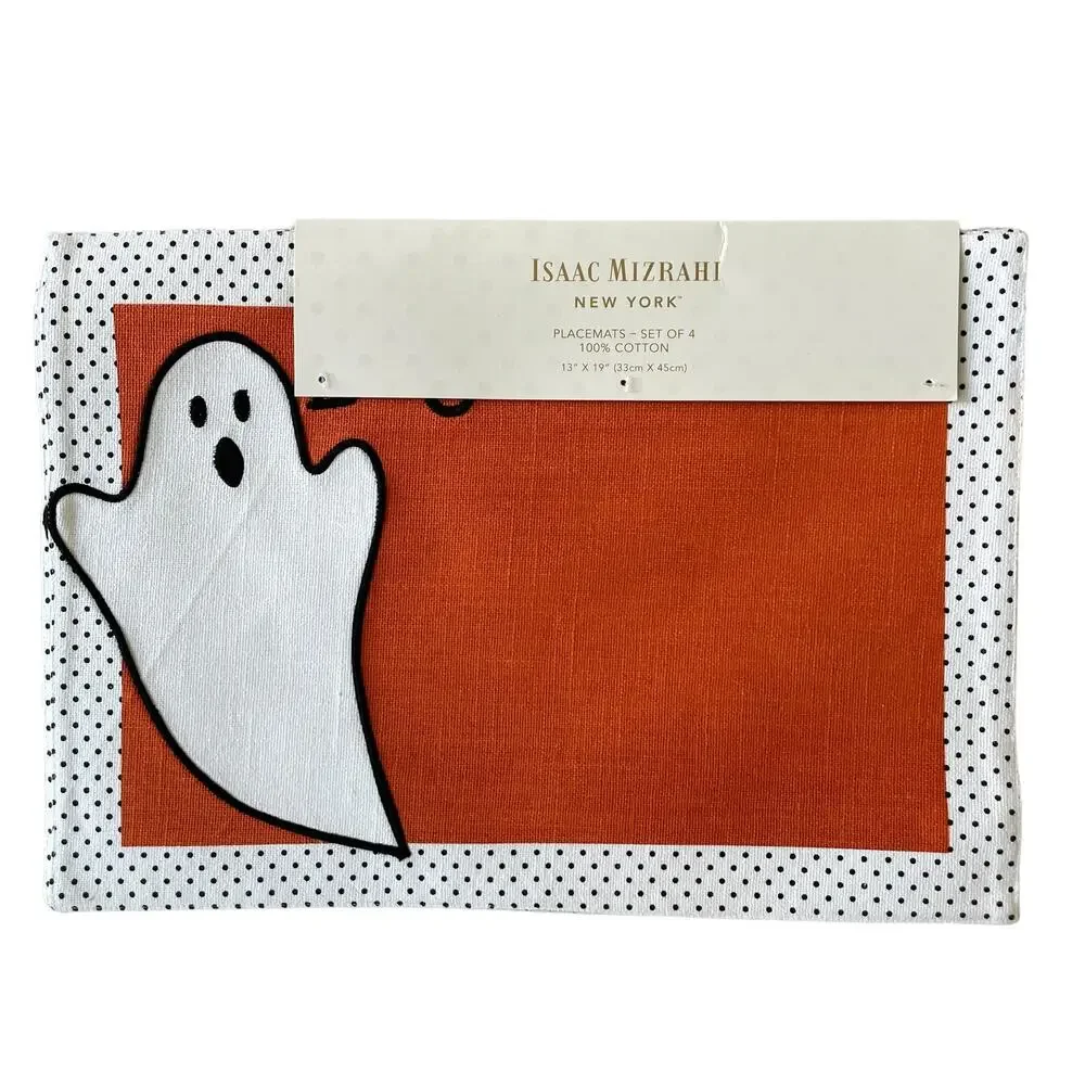 ISAAC MIZRAHI Halloween Ghost Placemats 13x19 Cotton White Orange Set of 4 New